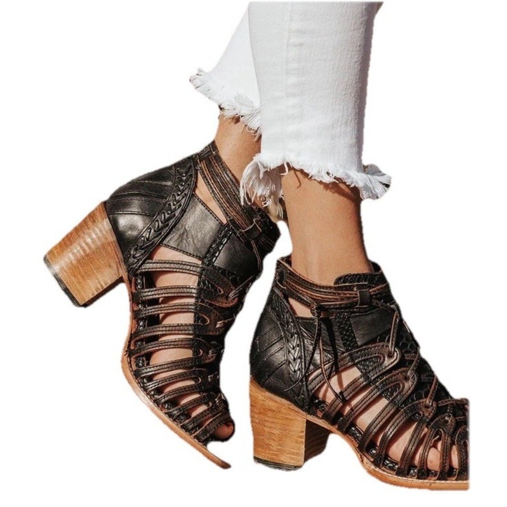 Freebird By Steven Wazee Leather Size 8 Brown Strappy Ankle Bootie Tassel/Zipper